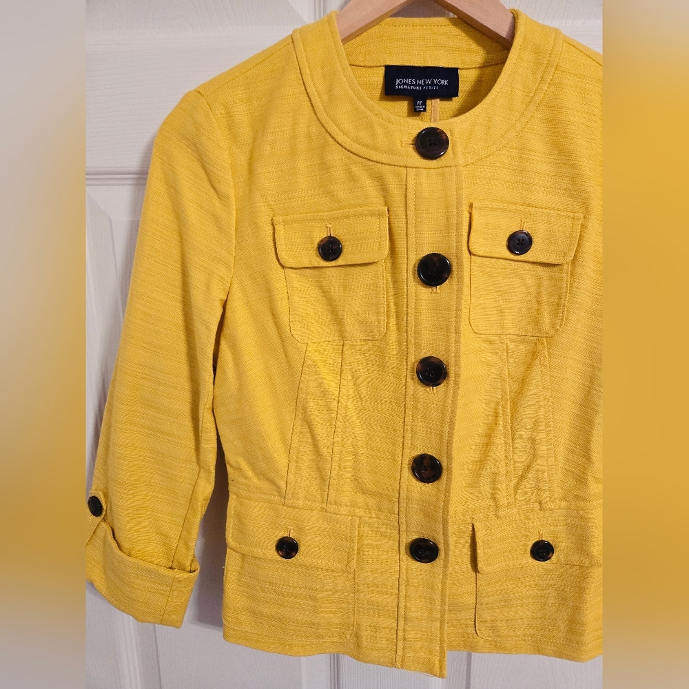 Jones New York Bright Yellow Button Front Fitted Cotton Jacket Size PP - Picture 3 of 8